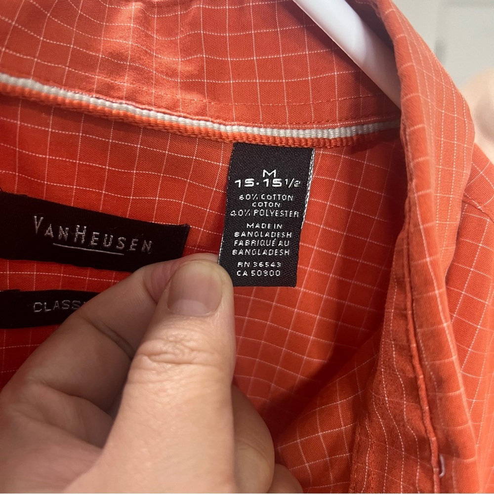 VAN HEUSEN Orange Checkered Casual Button Down Shirt Short Sleeve Classic Fit M - Picture 7 of 8